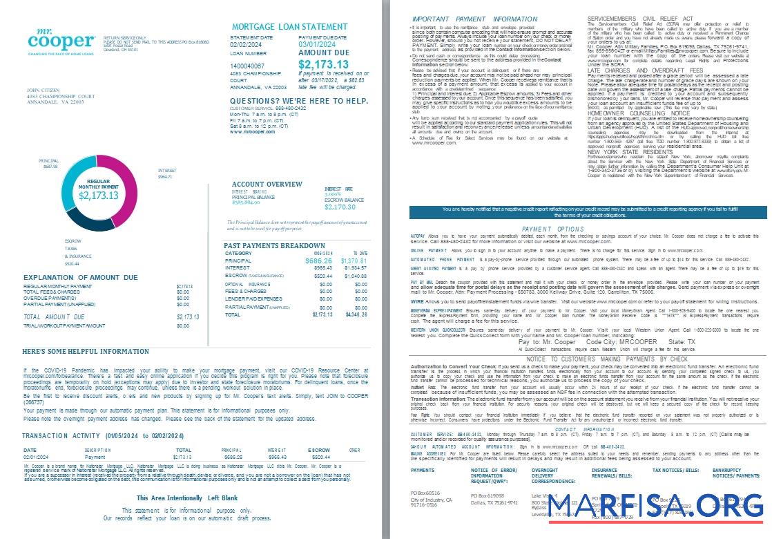 Realistic USA Mr. Cooper Changing the Face of Home Loans mortgage loan statement, 4 pages 1 2 scr sample
